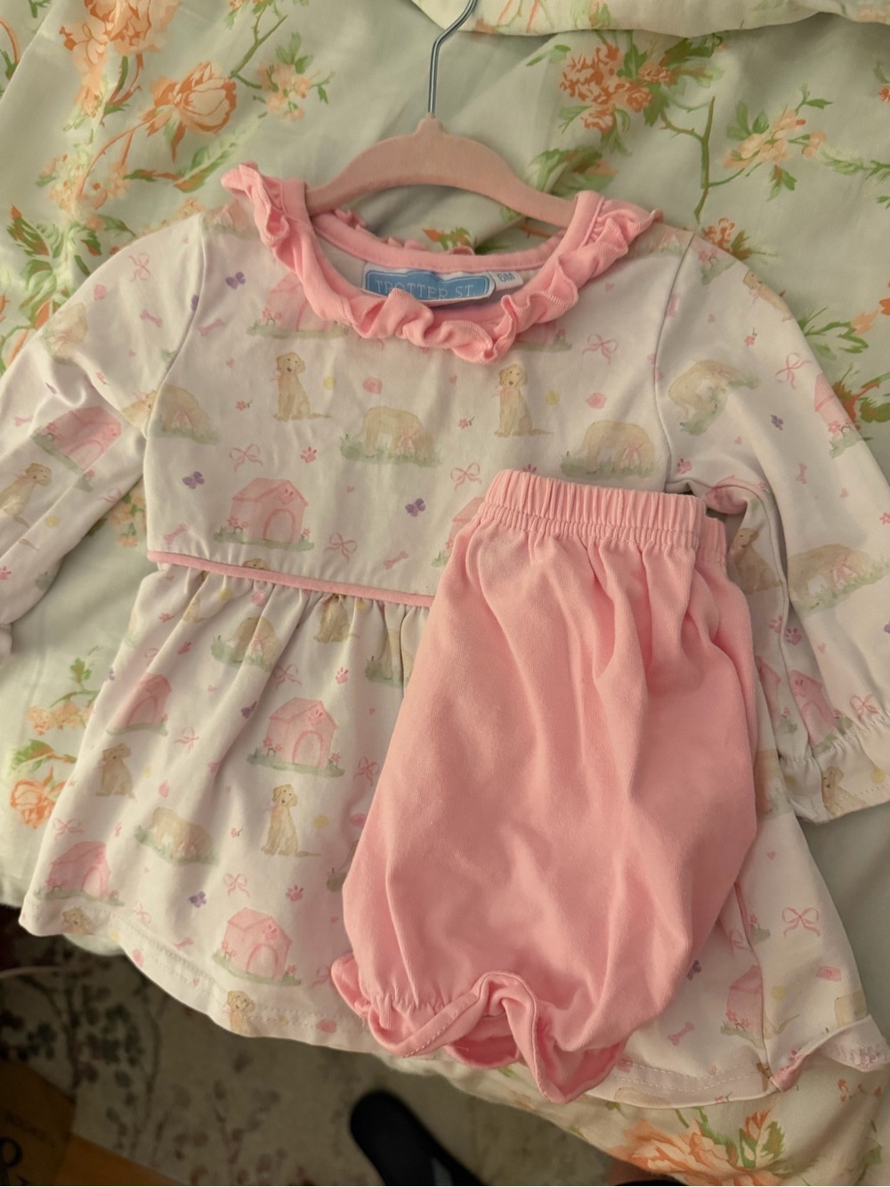 Trotter Street kids Pink Puppy Print Ruffle 6m Outfit